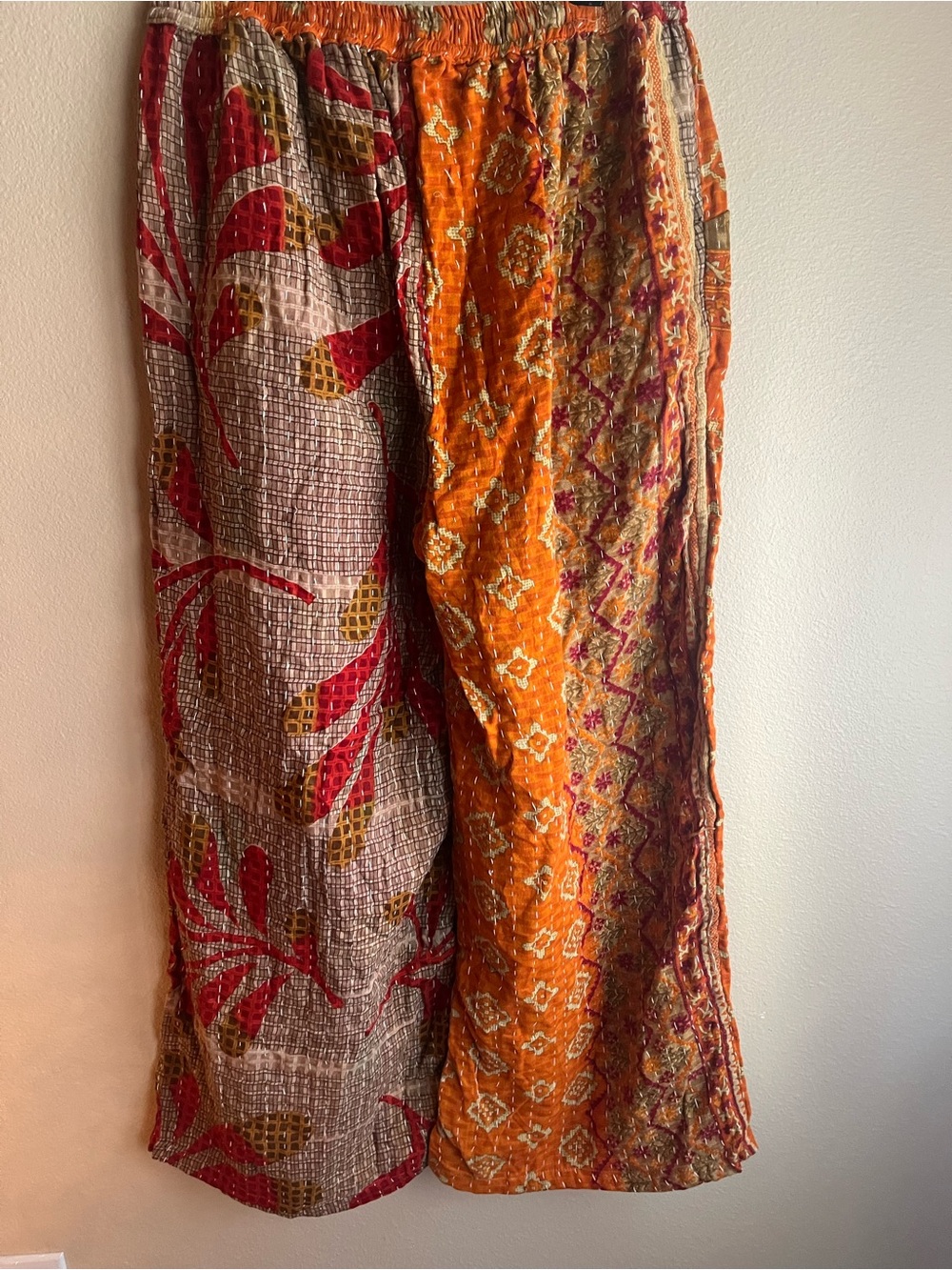 Reversible Kantha Bohemian Orange Patchwork Wide-Leg Pants - Picture 5 of 8